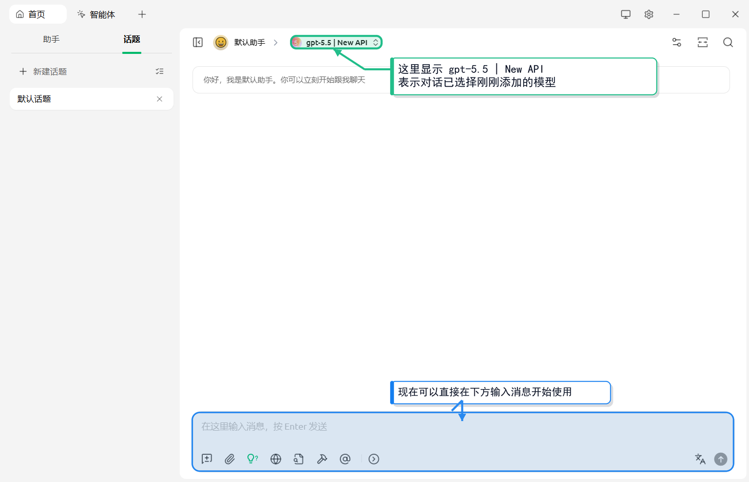 对话界面顶部模型选择器显示「gpt-5.5 | New API」，输入框等待发送消息